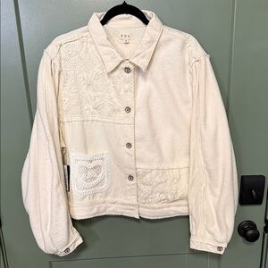 POL Cream Patchwork Button-Front Jean Jacket-oversized